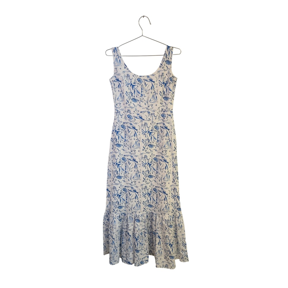 Kiel James Patrick KJP Nautical Chinoiserie Midi Dress Preppy Linen Cotton 0